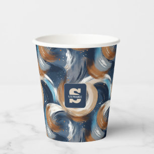 Gobelets En Papier Brosses Abstraites bouclés en bleu, blanc et Brown
