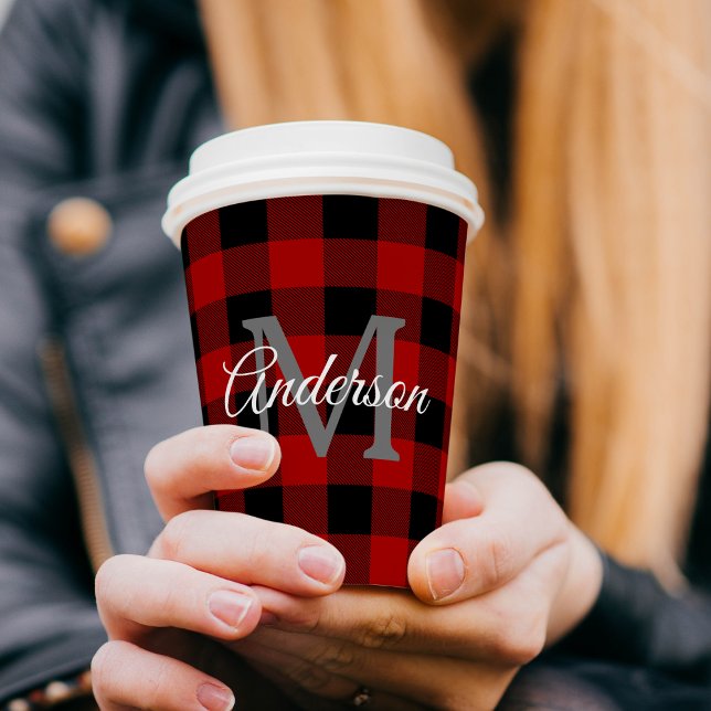Gobelets En Papier Buffalo rouge abattu | Initiale personnelle | Cade (Créateur téléchargé)