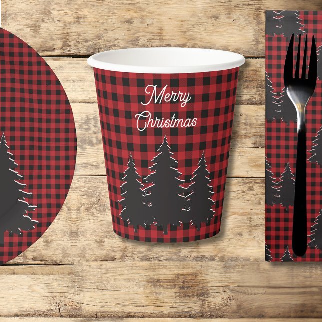 Gobelets En Papier Buffle rouge rustique et noir Plaid Christmas Tree (Créateur téléchargé)