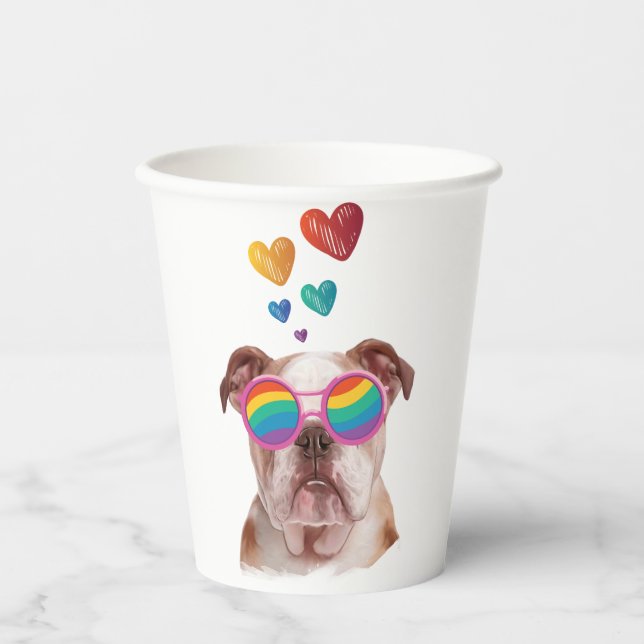 Gobelets En Papier Bulldog anglais avec des coeurs Saint-Valentin (Recto)