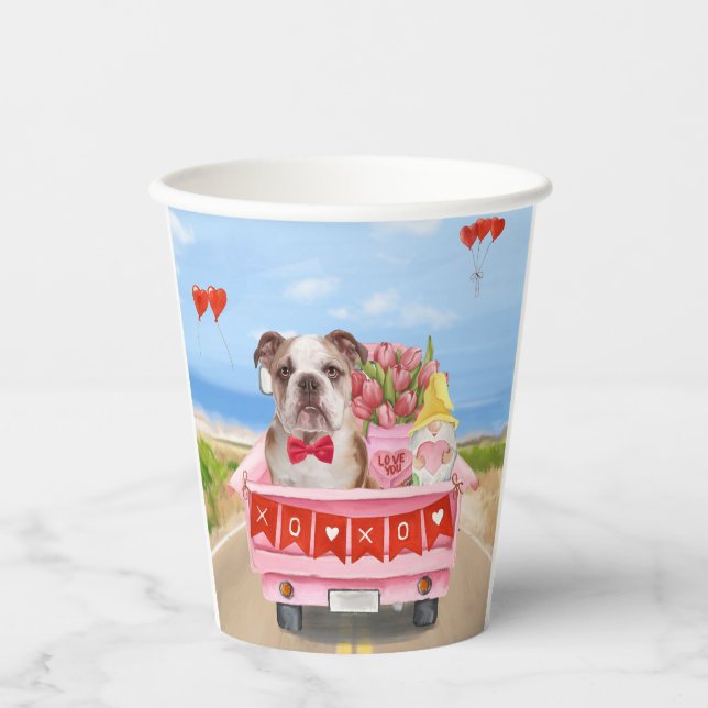 Gobelets En Papier Bulldog anglais Saint-Valentin Coeurs de camion (Recto)