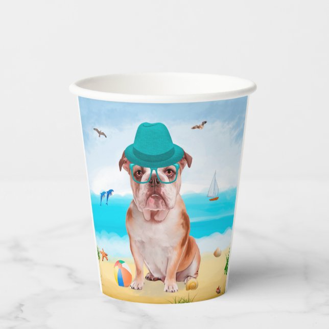 Gobelets En Papier Bulldog anglais sur la plage (Recto)