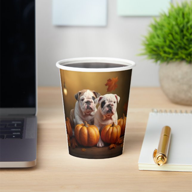 Gobelets En Papier Bulldog Chiot Automne Citrouille de plaisir (Insitu)