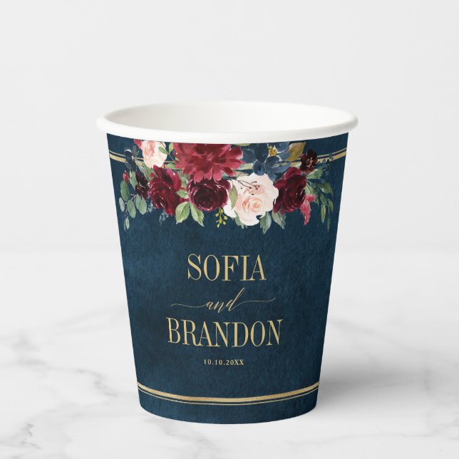 Gobelets En Papier Burgundy Navy Blush Floral Gold Mariage géométriqu (Recto)