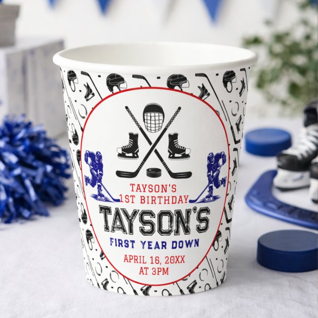 Gobelets En Papier C’est le temps du jeu Hockey 1er anniversaire (It’s Game Time Hockey 1st Birthday Party Paper Cups
)