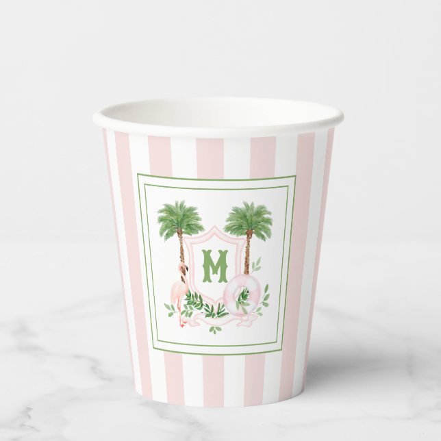 Gobelets En Papier Cabana Rayures Palm Beach Blason Monogramme Enclos (Recto)