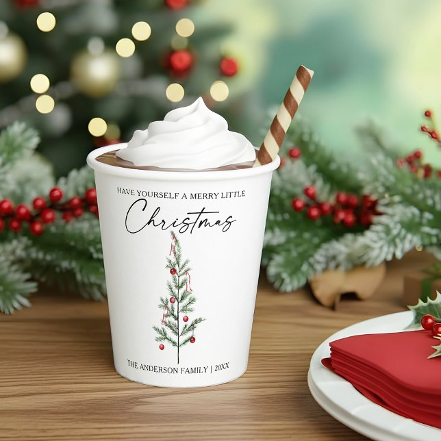 Gobelets En Papier Calligraphie Encre Script Aquarelle Arbre de Noël (Customize to change your personalized text size or text style.)