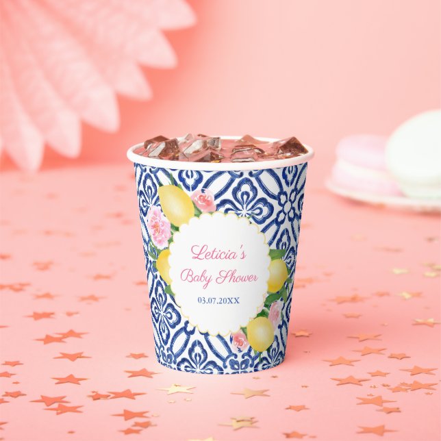 Gobelets En Papier Capri Lemons Bleu & Carreaux blancs Baby shower Pa (Insitu)