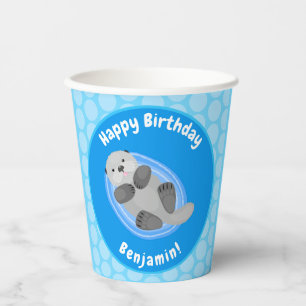 Gobelets En Papier Caricature bleu loutre de mer joyeux