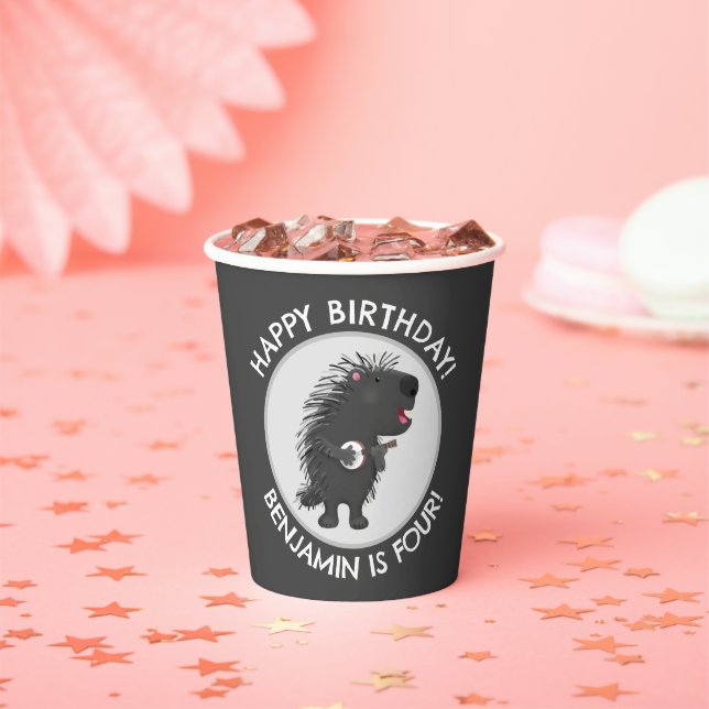 Gobelets En Papier Caricature d'anniversaire personnalisée de porcupi (Insitu)