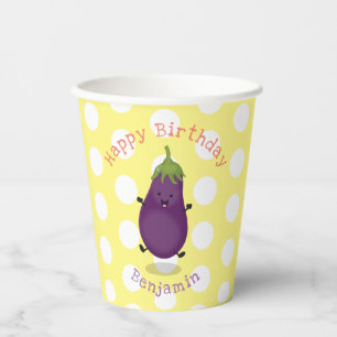 Gobelets En Papier Caricature d'aubergine d'aubergine joliment heureu
