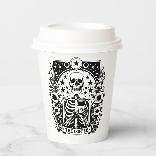 Gobelets En Papier Carte de tarot squelette monochrome "Le café" | (Recto)