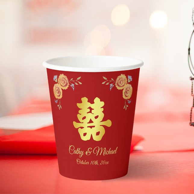 Gobelets En Papier Cérémonie du thé mariage chinois à fleurs rouges (Créateur téléchargé)