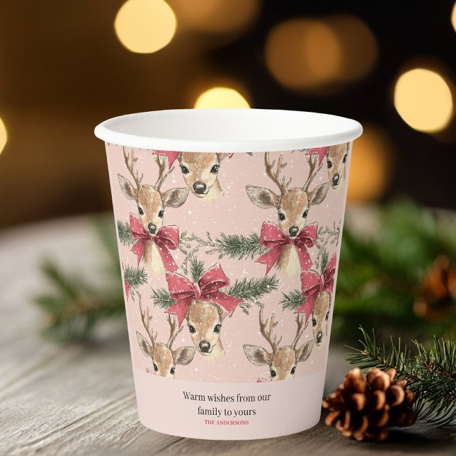 Gobelets En Papier Cerf mignon avec Bow rouge | Noël rose (Créateur téléchargé)