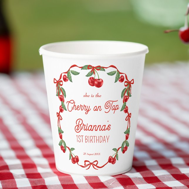 Gobelets En Papier Cerise sur le haut ruban lunique d'anniversaire mo (Cherry on top ribbon whimsical cherry birthday party monogrammed paper cups personalized table decor)