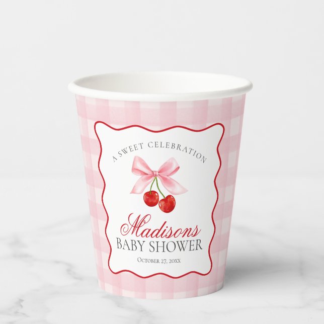 Gobelets En Papier Cerise Sweet Coquette Rose Bow En vichy Baby showe (Recto)