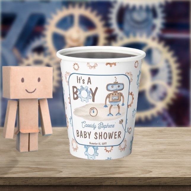 Gobelets En Papier C'est un garçon mignon bleu | Baby shower Robot Gr (It's A Boy Cute Blue and Greige Robot Baby Shower Paper Cups)