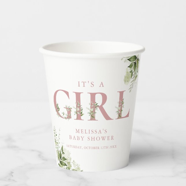 Gobelets En Papier C'est une fille verte Dusty Lettre Rose Baby showe (Recto)