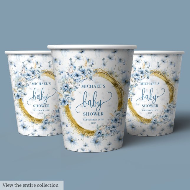 Gobelets En Papier Charmant pastel bleu fleurs or garçon baby shower (Charming pastel blue flowers gold boy baby shower Paper Cups)