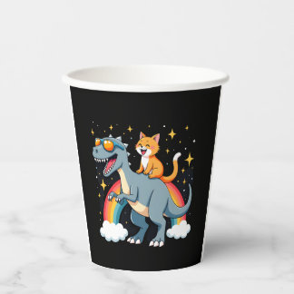 Gobelets En Papier Chat chevauchant un dinosaure T-Rex chaton arc-en-