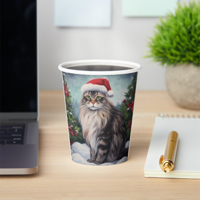 Gobelets En Papier Chat Maine Coon à Noël de neige (Insitu)