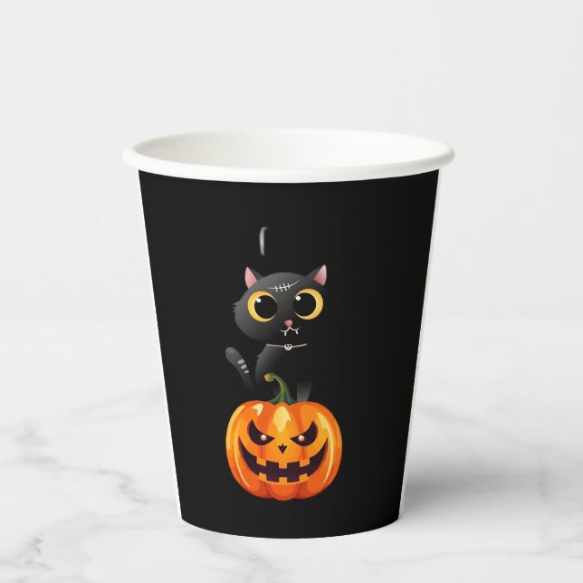 Gobelets En Papier Chat noir Halloween Design � Citrouille Éffrayant  (Recto)