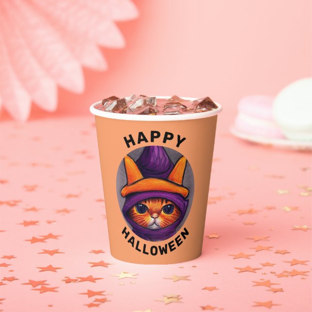 Gobelets En Papier Chat orange avec sorcière violette Casquette Hallo (Insitu)