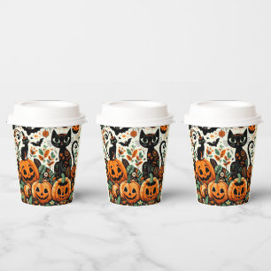 Gobelets En Papier Chats noirs Whimsical, Citrouilles et chauves-sour