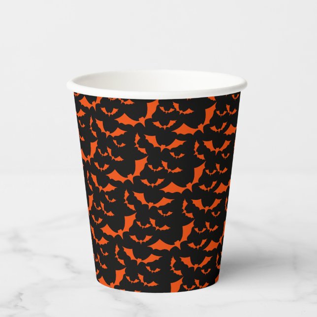 Gobelets En Papier chauves-souris noires et oranges halloween coupe m (Recto)