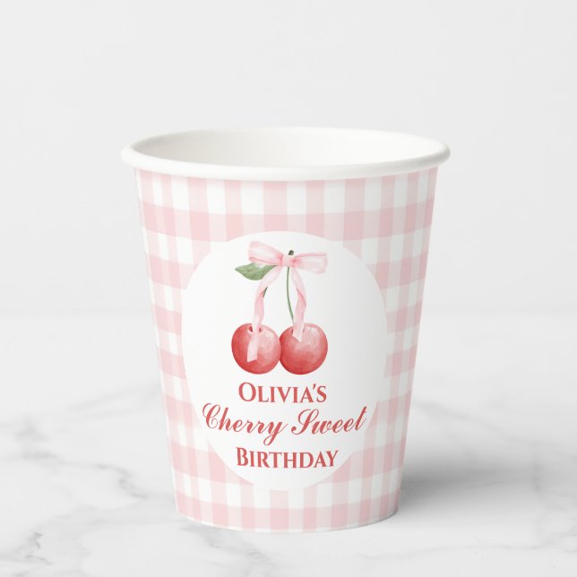 Gobelets En Papier Cherry Sweet anniversaire Pink Bow En vichy (Recto)