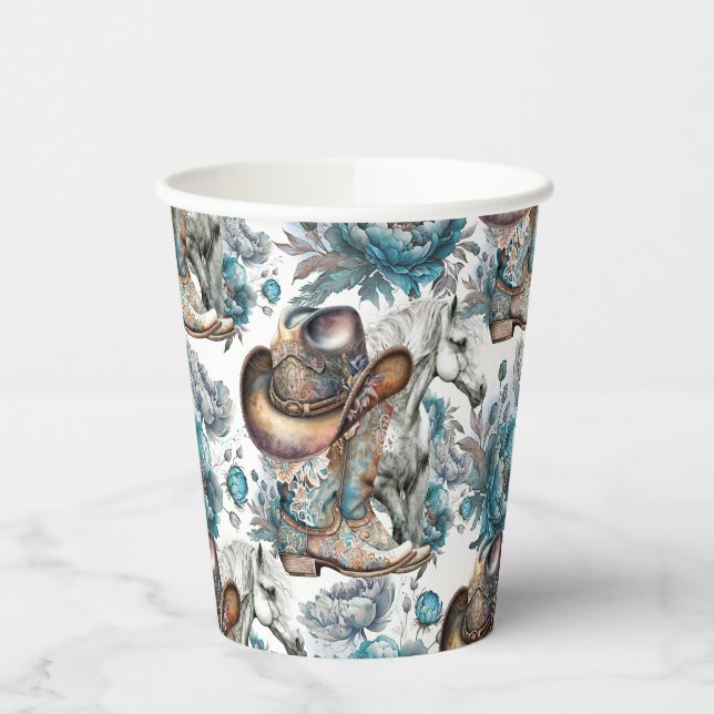 Gobelets En Papier Cheval fille cowgirl motif floral turquoise (Gauche)