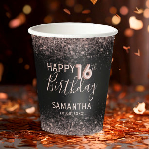 Gobelets En Papier Chic 16e anniversaire Black and Rose Gold Parties