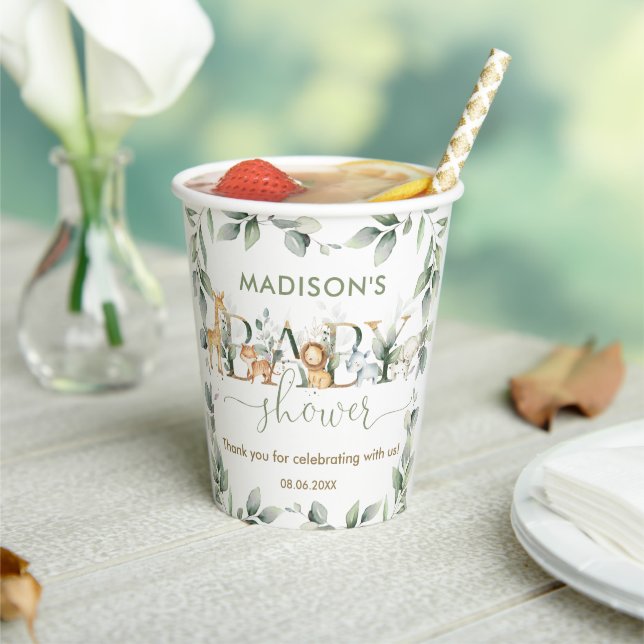 Gobelets En Papier Chic Jungle Animaux Verdure Baby shower neutre (Insitu)