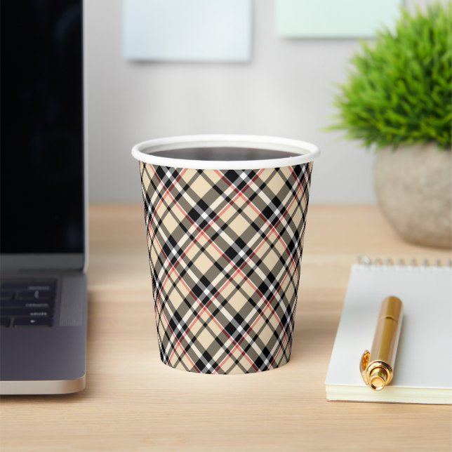 Gobelets En Papier Chic Rouge Beige Noir Blanc Plaid Stripes Motif (Insitu)
