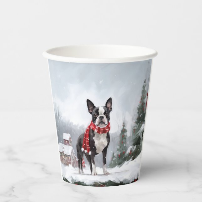 Gobelets En Papier Chien de Boston Terrier pendant Noël de neige (Recto)
