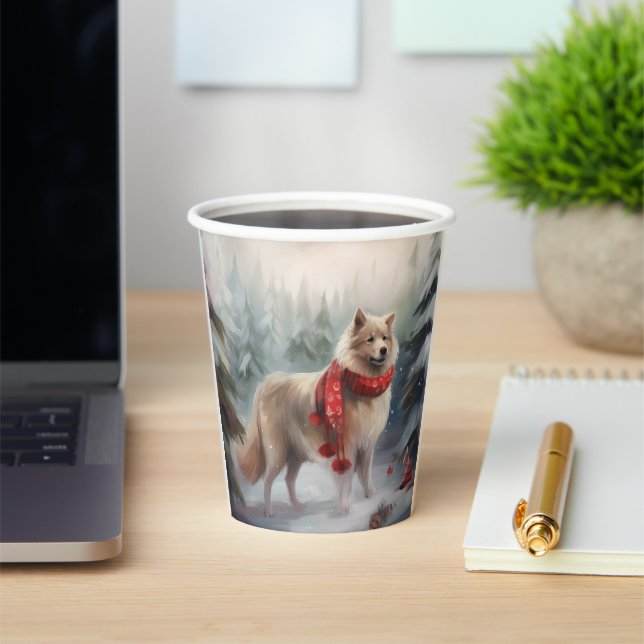 Gobelets En Papier Chien de lappund finlandais à Noël de neige (Insitu)