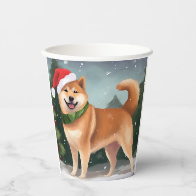 Gobelets En Papier Chien de Shiba Inu à Noël de neige (Recto)