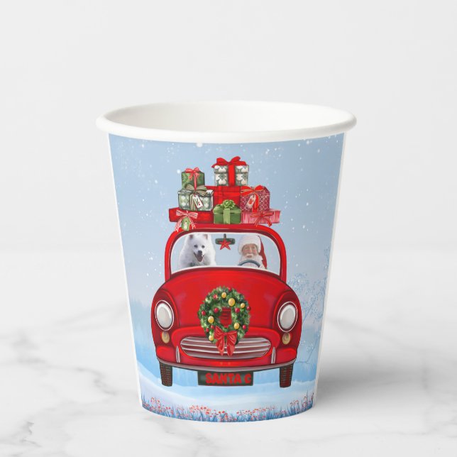 Gobelets En Papier Chien Eskimo Américain En Voiture Avec Santa Claus (Recto)