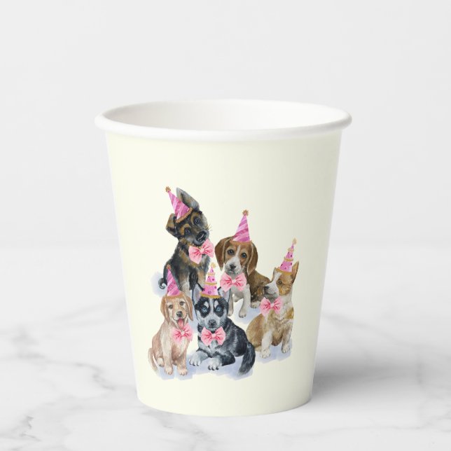 Gobelets En Papier Chien 🐶 rose Premier anniversaire (Recto)