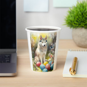 Gobelets En Papier Chien sibérien Husky avec oeufs de Pâques vacances