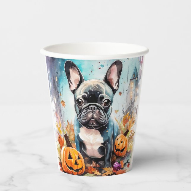 Gobelets En Papier Chien-taureau français d'Halloween avec la peur Ci (Recto)