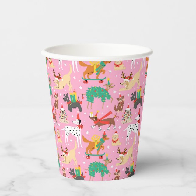 Gobelets En Papier Chiens de Noël en Motif de vêtements de vacances (Recto)