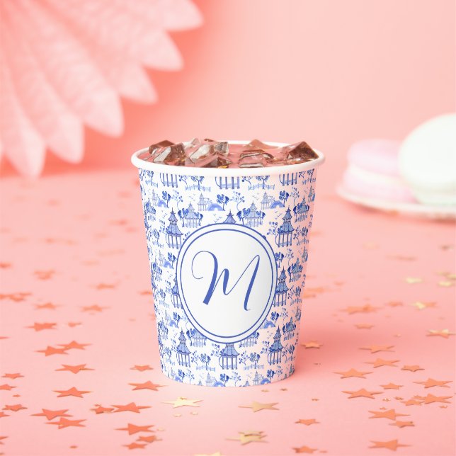 Gobelets En Papier Chinoiserie Aquarelle Pagode Motif (Insitu)