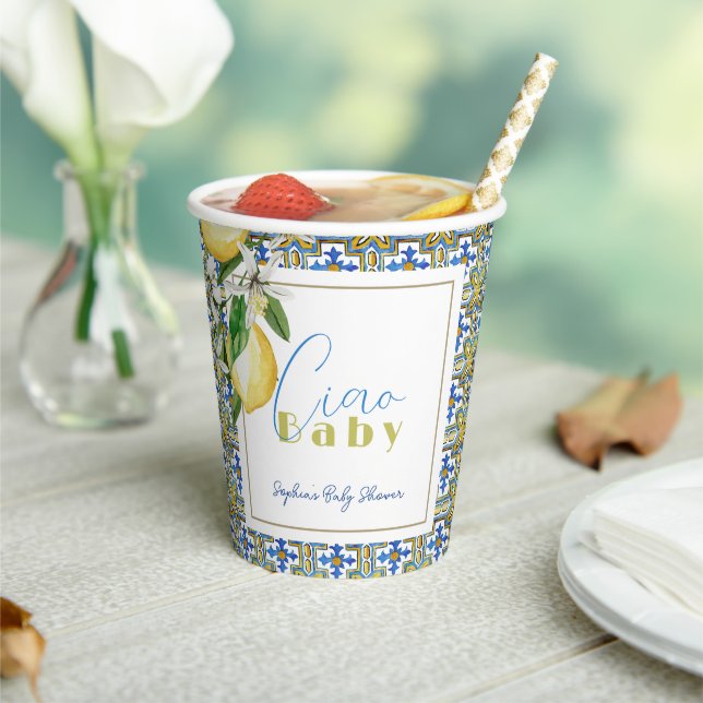 Gobelets En Papier Ciao Baby Carrelage bleu Citrus Citron Baby Douche (Insitu)