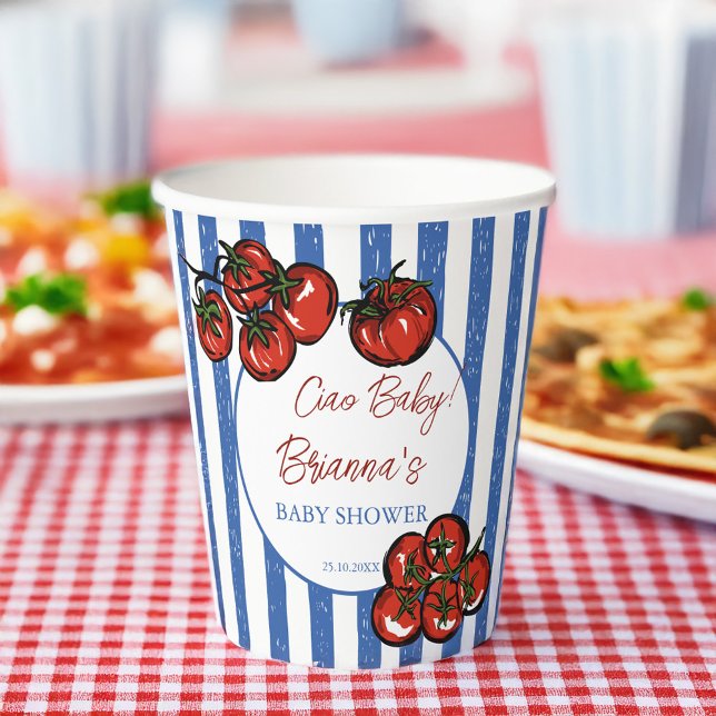 Gobelets En Papier Ciao baby tomato blue stripes Italian baby shower (Ciao baby cherry tomato blue stripes Italian farmers market baby shower personalized Paper Cups)