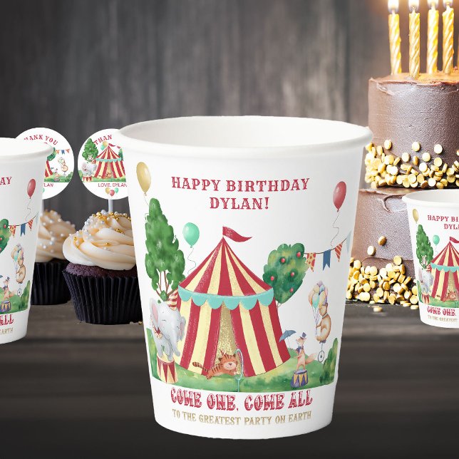 Gobelets En Papier Cirque Big Top et Carnival Animaux Personnalisés (Circus Themed Paper Cups personalized for Kids Birthday)
