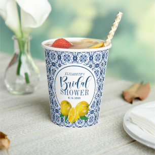 Gobelets En Papier Citron italien Carrelage bleu Mariage Merci