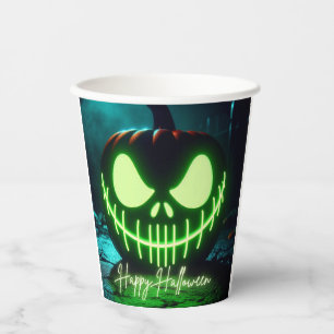 Gobelets En Papier Citrouille d'Halloween lumineuse verte effrayante