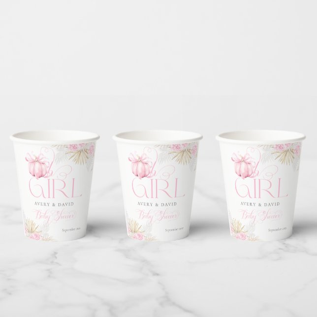Gobelets En Papier Citrouille rose fille Floral Bow Baby shower Bienv (Multi)
