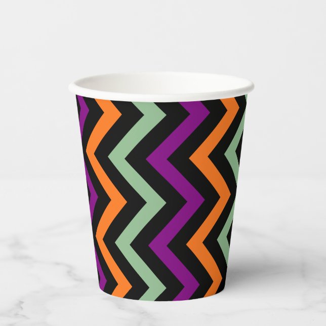 Gobelets En Papier Citrouille, violet, vert et noir Vert. Chevron (Recto)